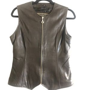 Genuine Black Leather Vest with Zipper Front Size M